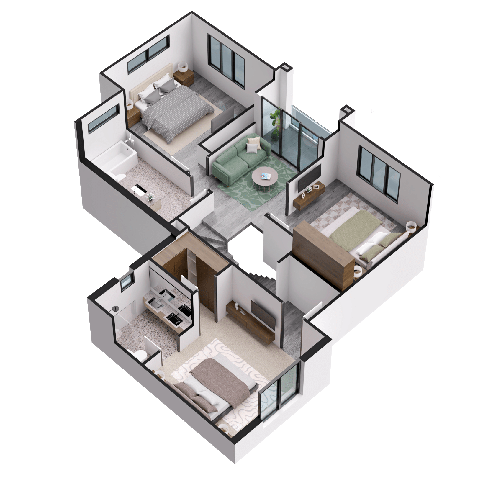 3D floor plan concept showing room layout and circulation flow with natural light visualization
