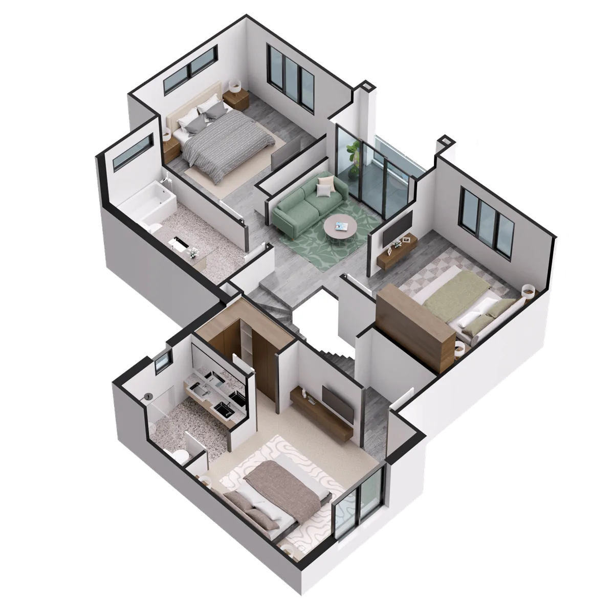 Three-dimensional residential floor plan illustrating layout planning
