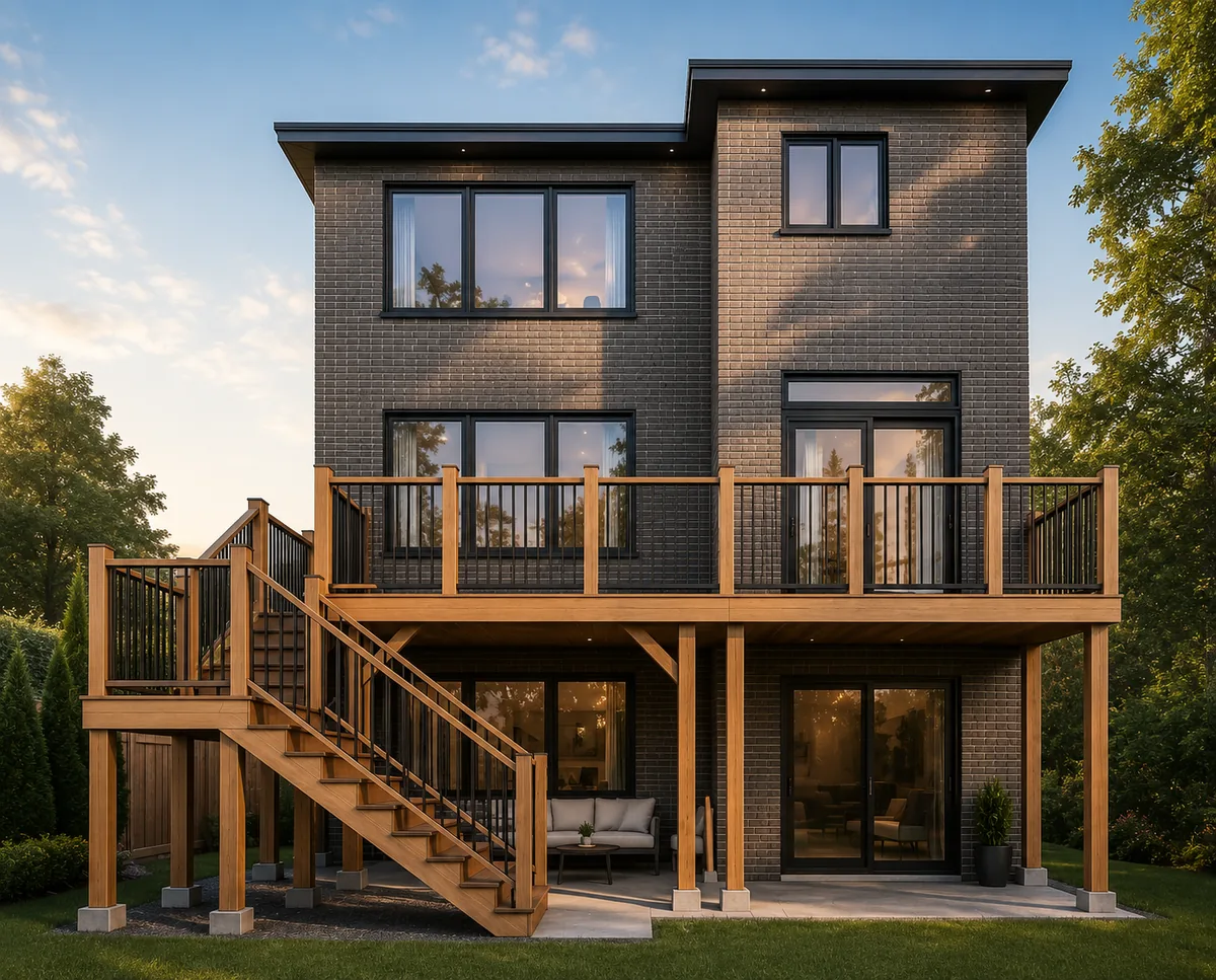 Elevated residential deck with stairs and guards
