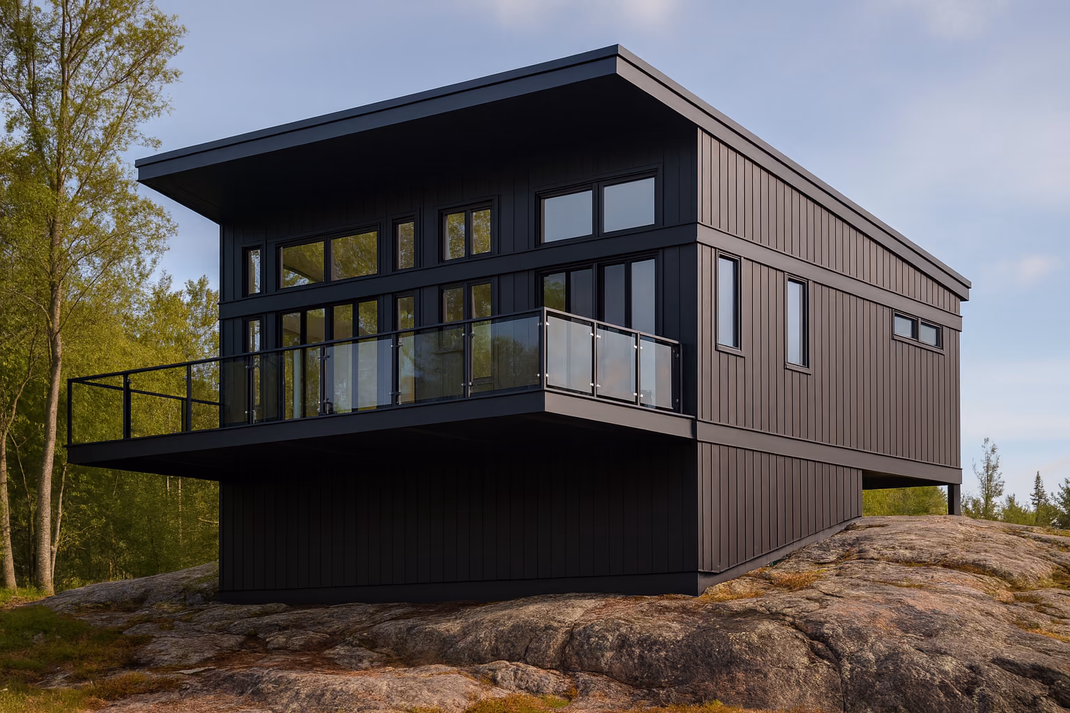 Contemporary black cottage rendering on a rocky site with an angular roof and a glass-railed balcony