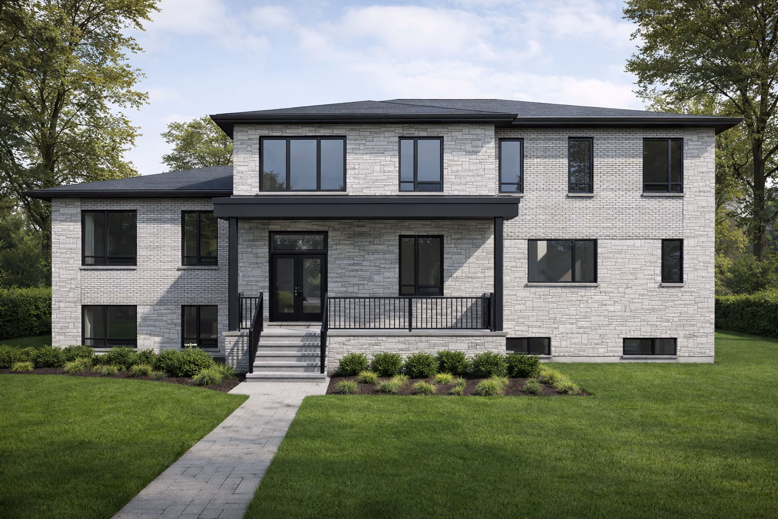 Two-storey custom home rendering with light brick, broad windows, and a sheltered front entrance