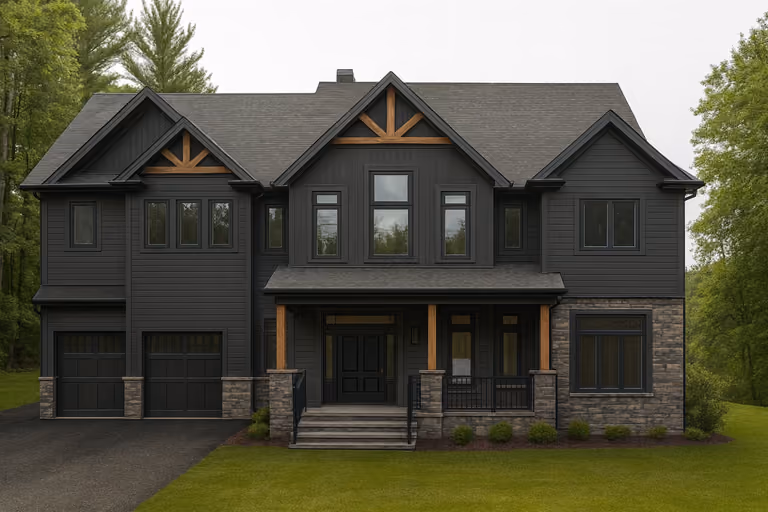 Black custom home exterior with stone and warm wood accents